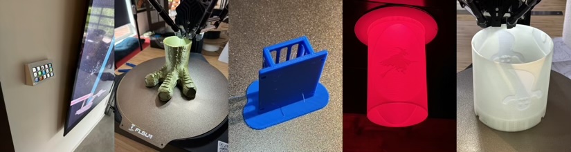 Some 3D Prints: Wall Mount for Stream Deck, Dinosaur Foot Pencil Holder, under-desk hard drive mount, Witchy Light Tube in Red, printing of a Ghost Light Tube